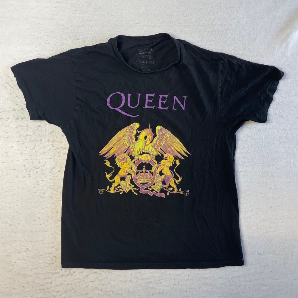 Queen T-Shirt Mens Large Black Graphic Crest Official Merch‎ Short Sleeve Cotton